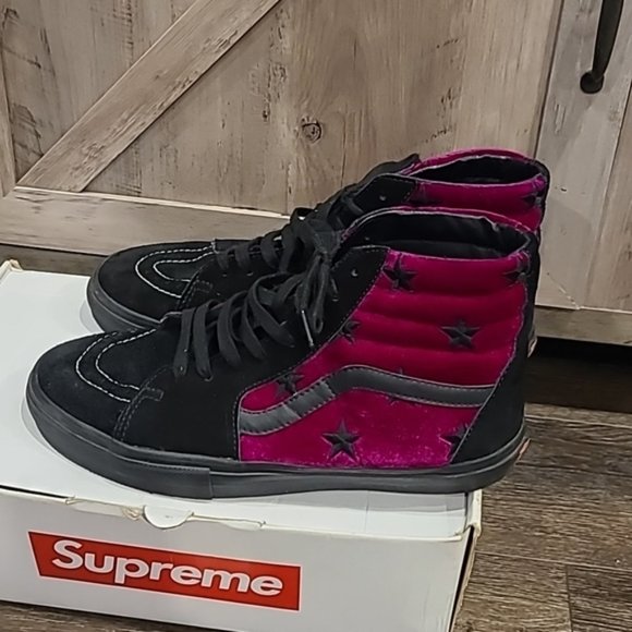 🔥RARE Supreme X Vans Sk8-Hi Velvet Stars Pink Black Mens - Picture 4 of 13